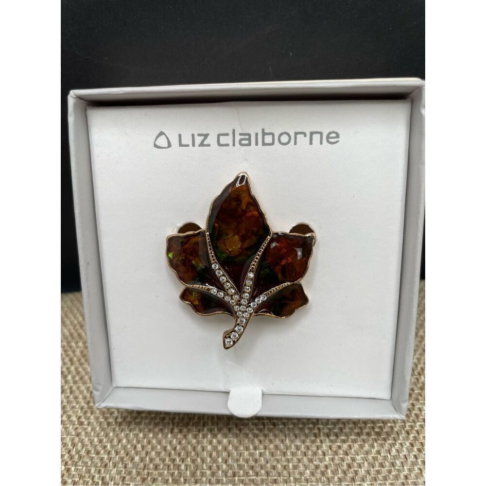 New Vintage Liz Claiborne Leaf with Rhinestones Broach Pin Grandma Core